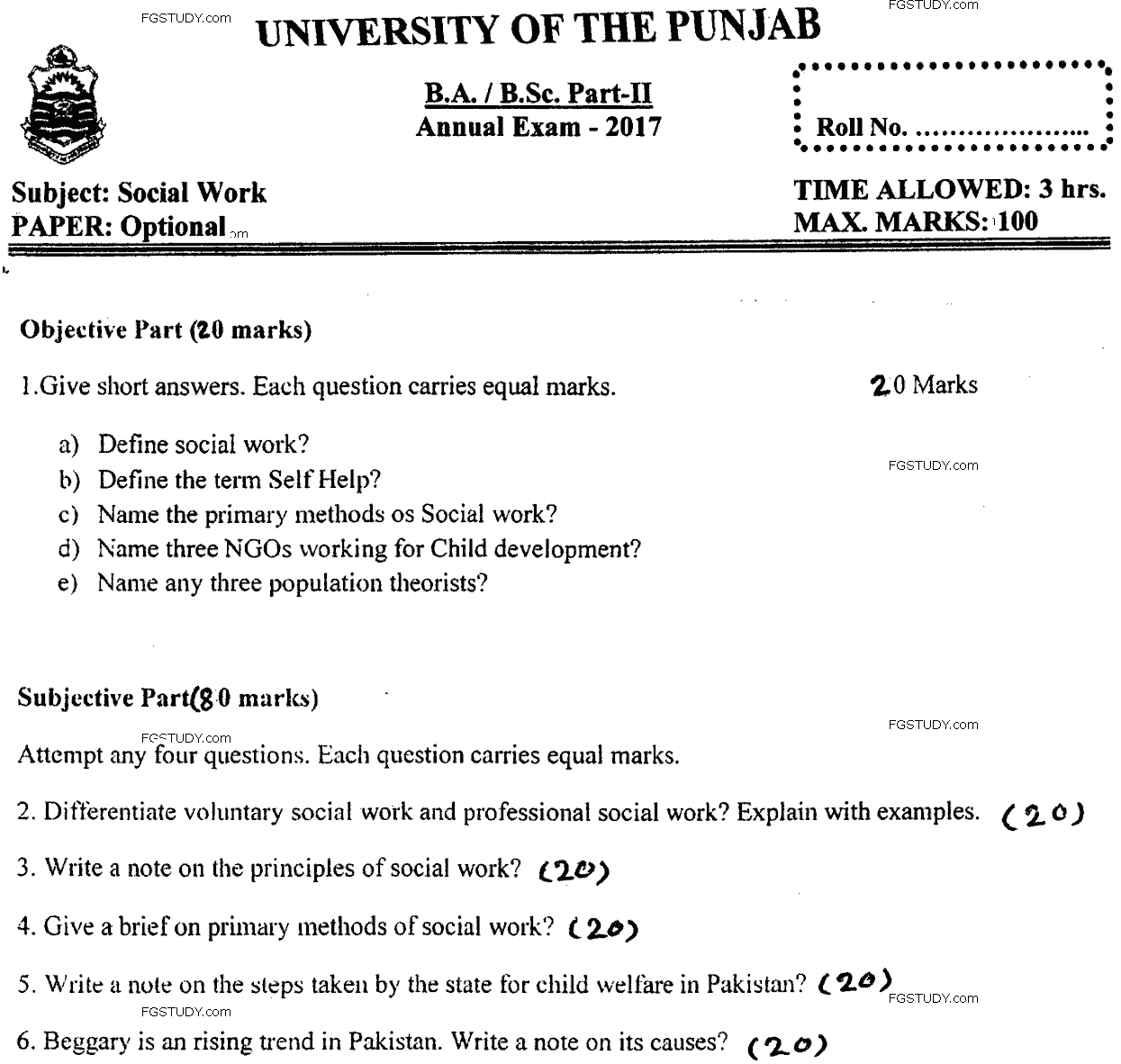BA Part 2 Social Work Optional Past Paper 2017 Punjab University