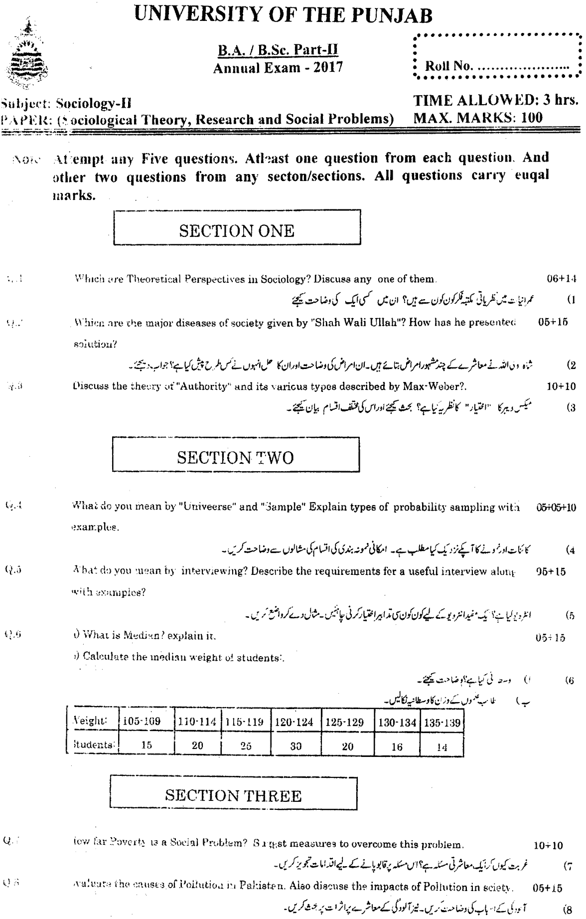 BA Part 2 Sociology 2 Sociological Theory Research And Social Problems Past Paper 2017 Punjab University