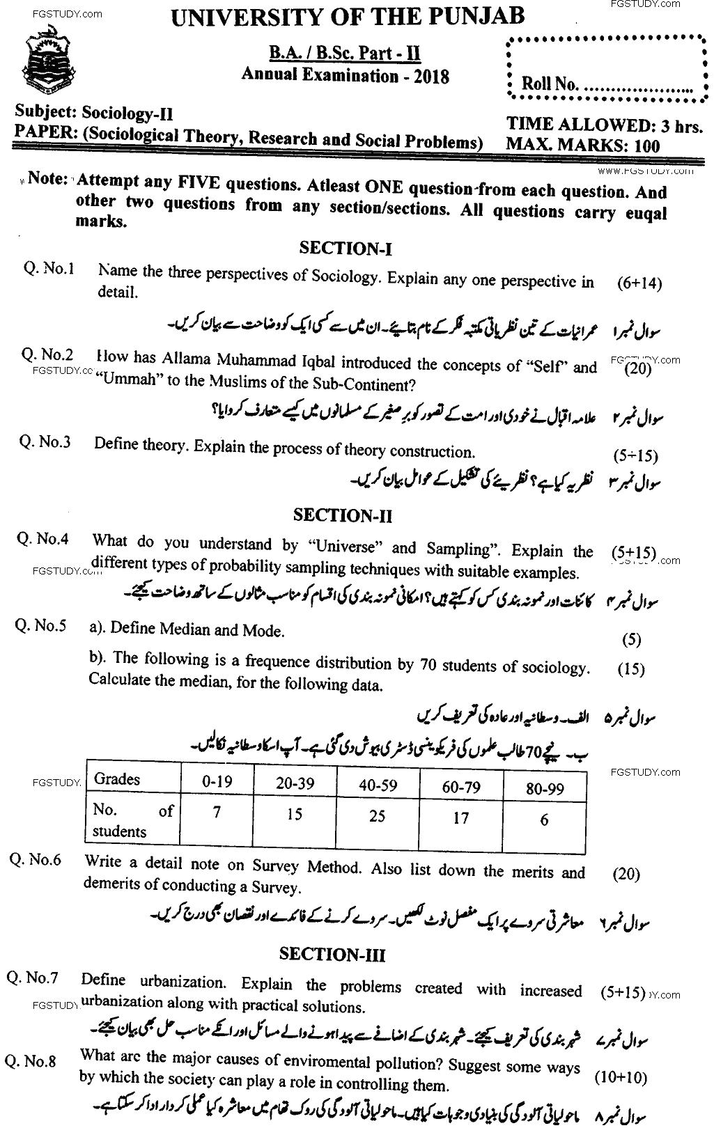 BA Part 2 Sociology 2 Sociological Theory Research And Social Problems Past Paper 2018 Punjab University