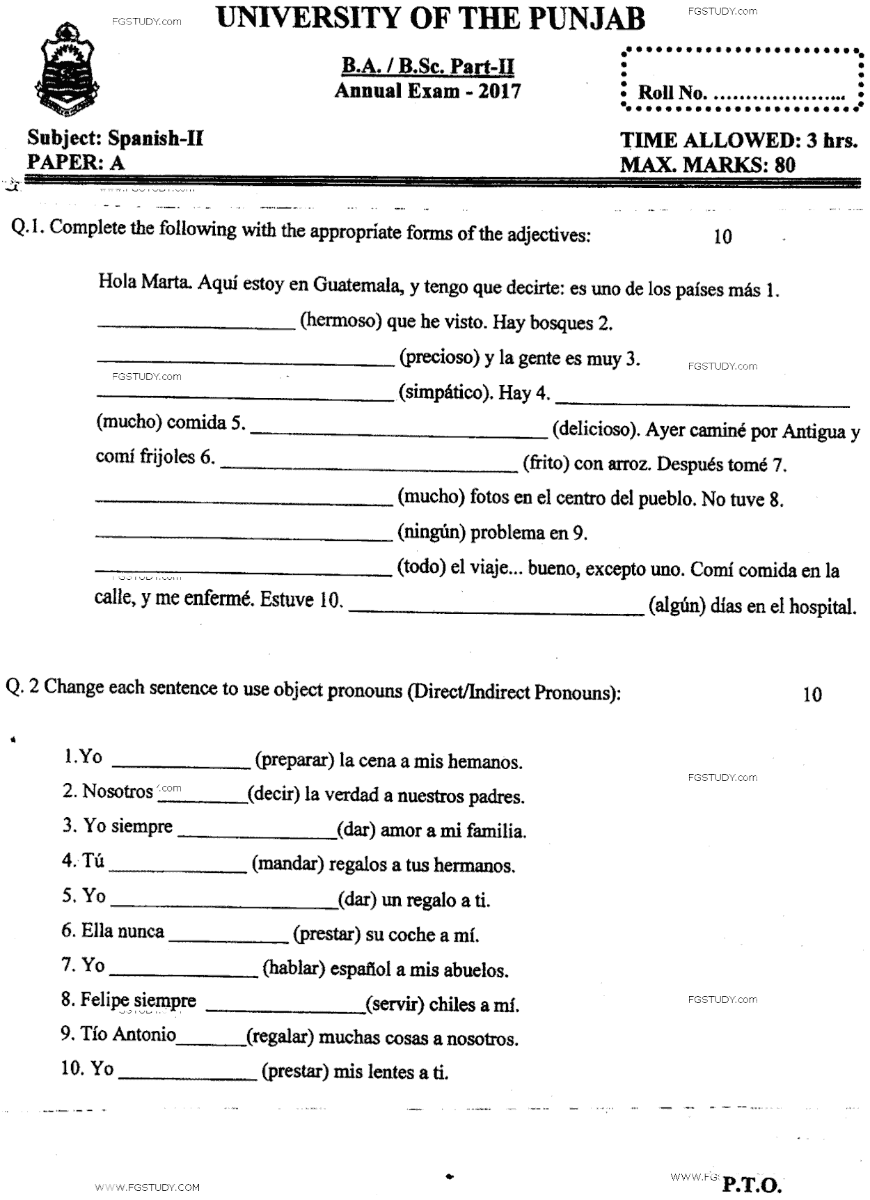 BA Part 2 Spanish 2 Past Paper 2017 Punjab University