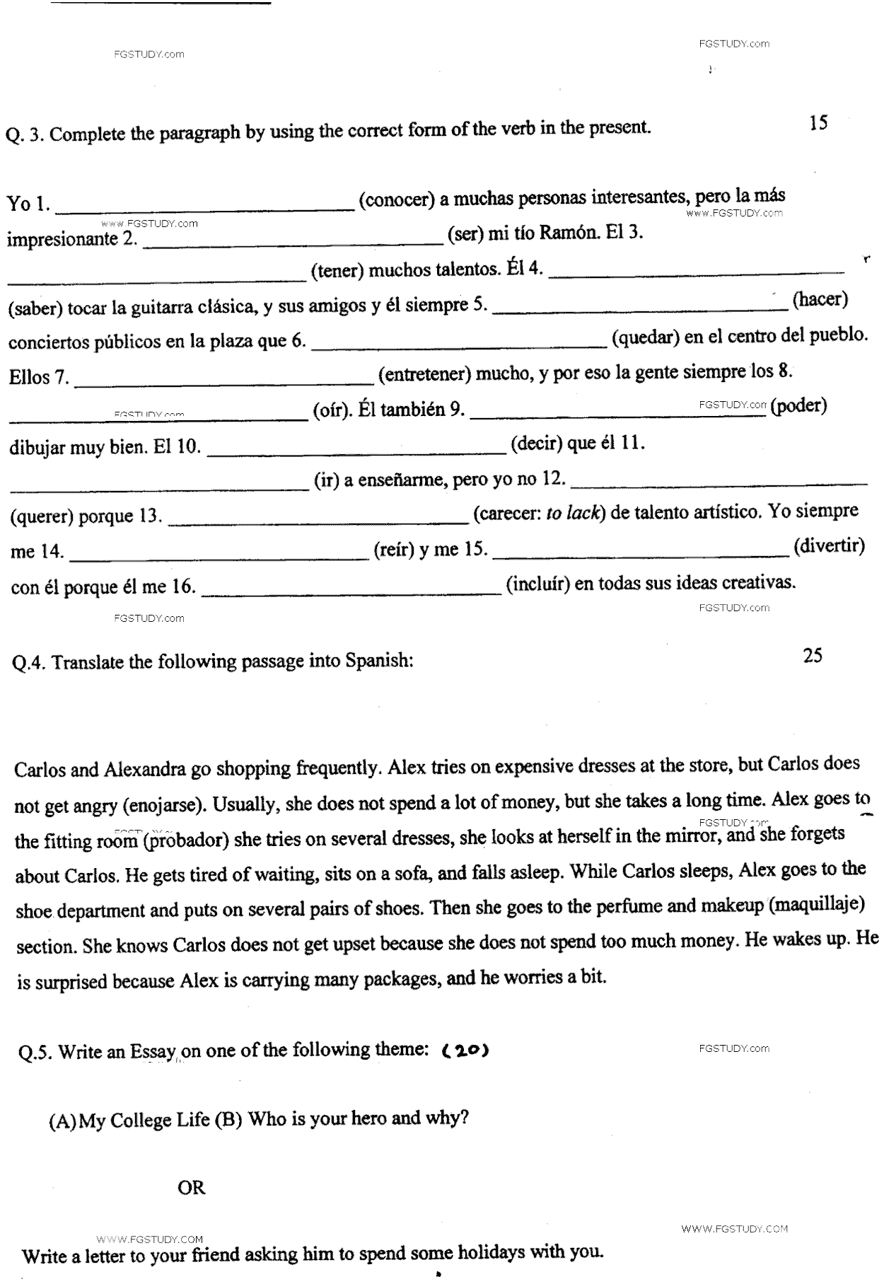 BA Part 2 Spanish 2 Past Paper 2017 Punjab University