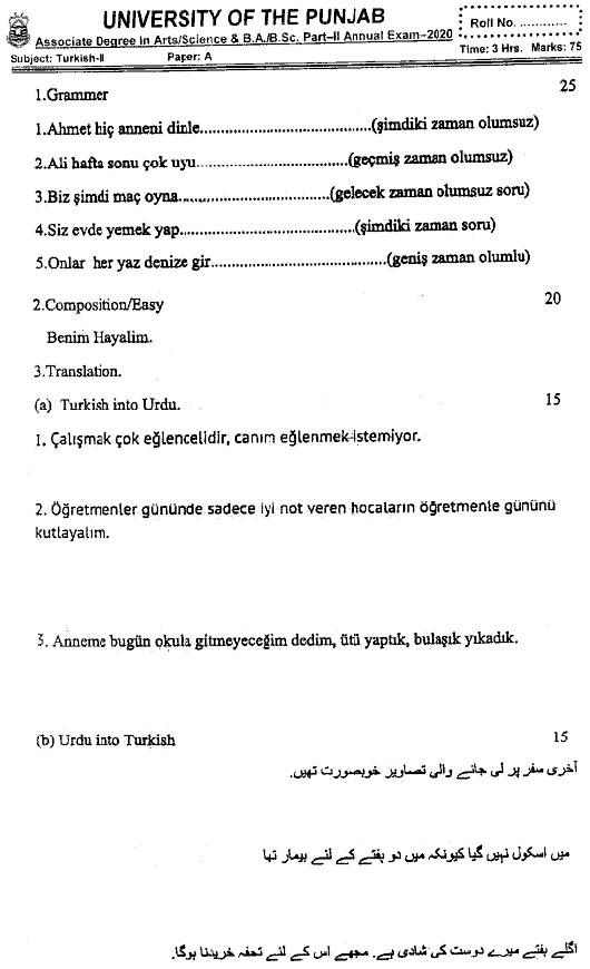 BA Part 2 Turkish 2 Past Paper 2020 Punjab University