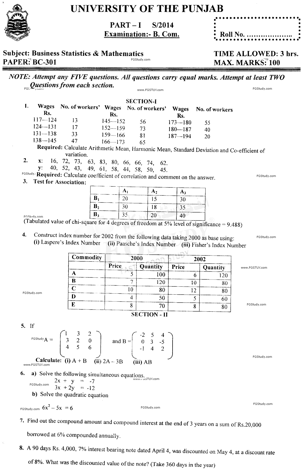 B Com Part 1 Business Mathematics And Statistics Past Paper 2014 Punjab University