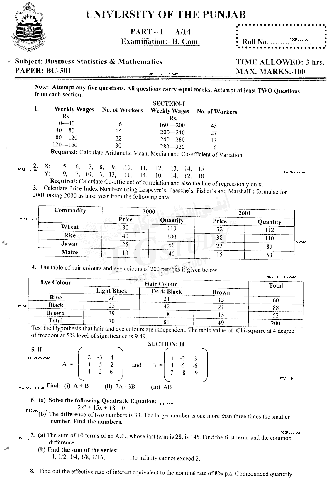 B Com Part 1 Business Mathematics And Statistics Past Paper 2014 Punjab University