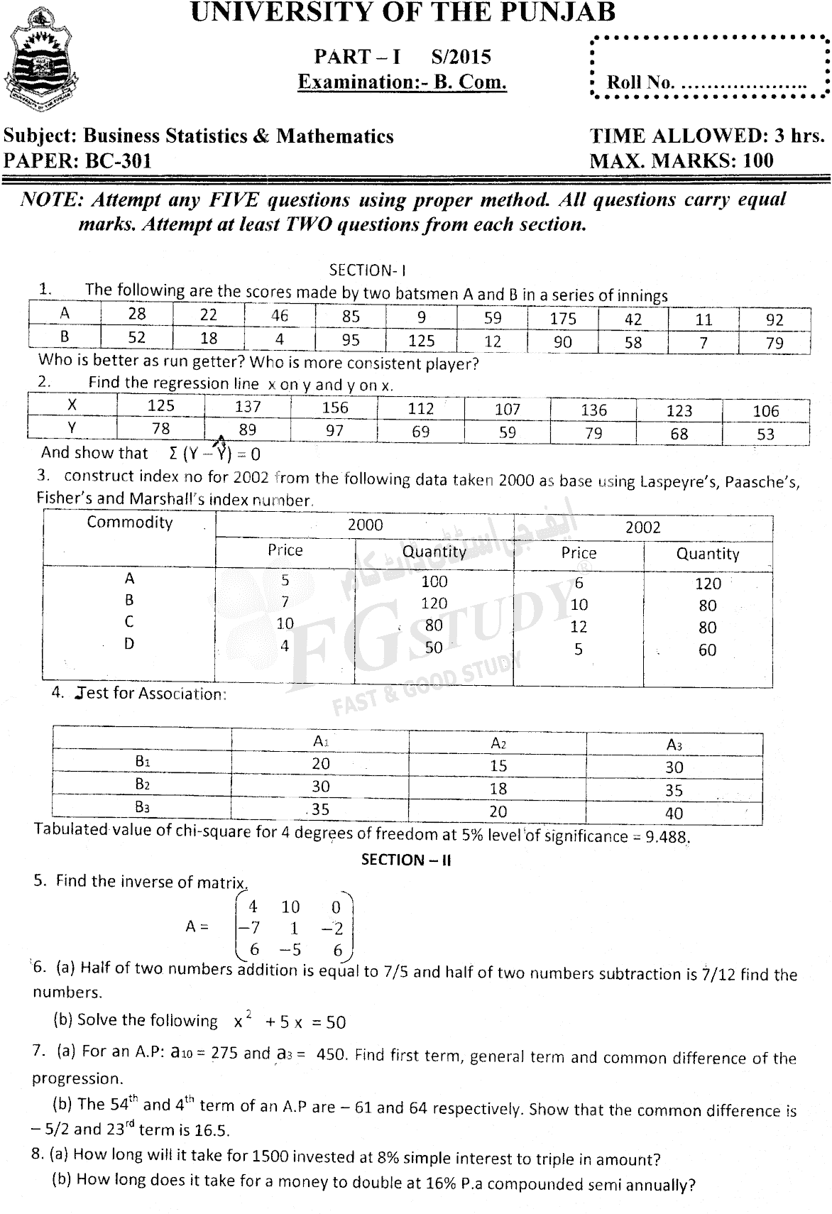 B Com Part 1 Business Mathematics And Statistics Past Paper 2015 Punjab University