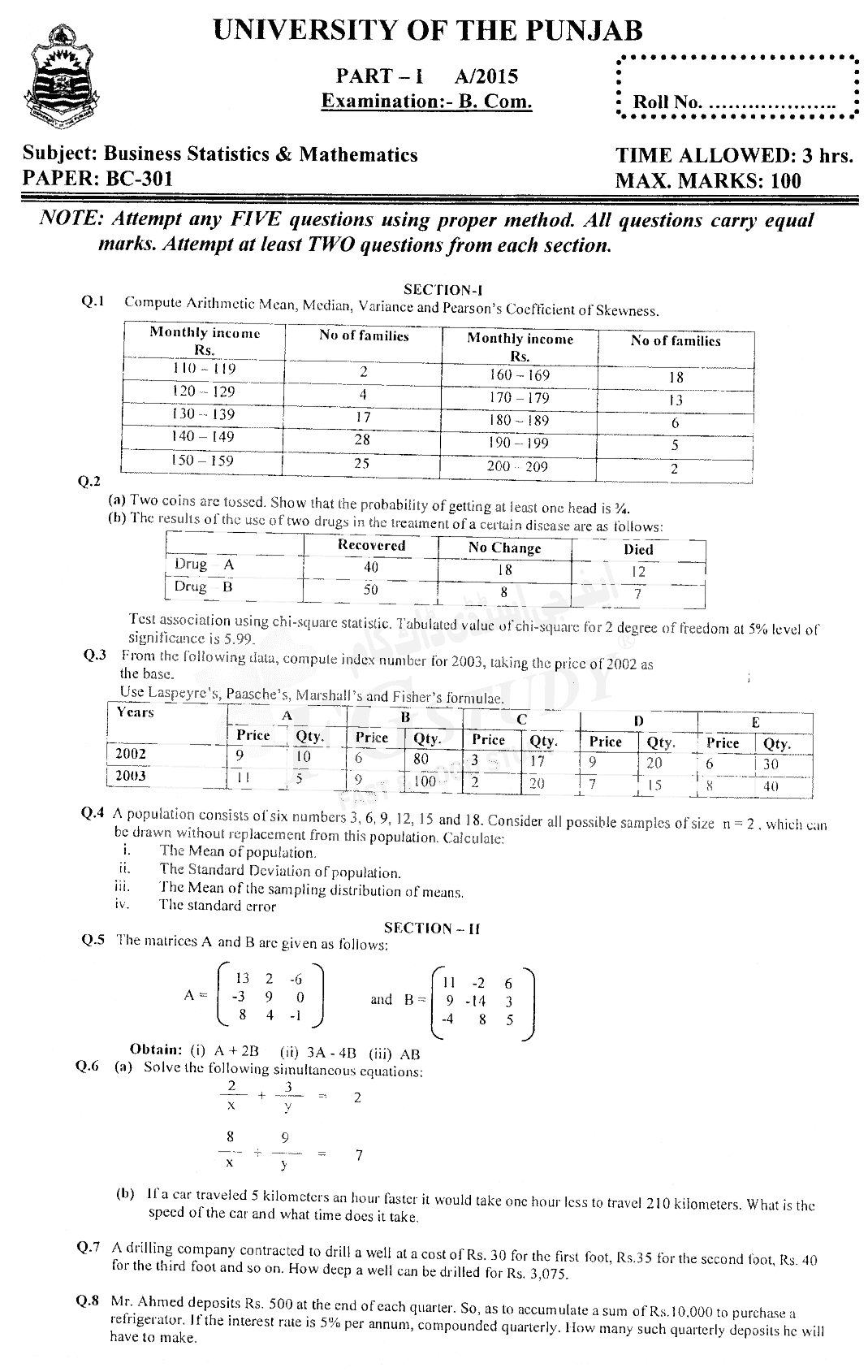 B Com Part 1 Business Mathematics And Statistics Past Paper 2015 Punjab University