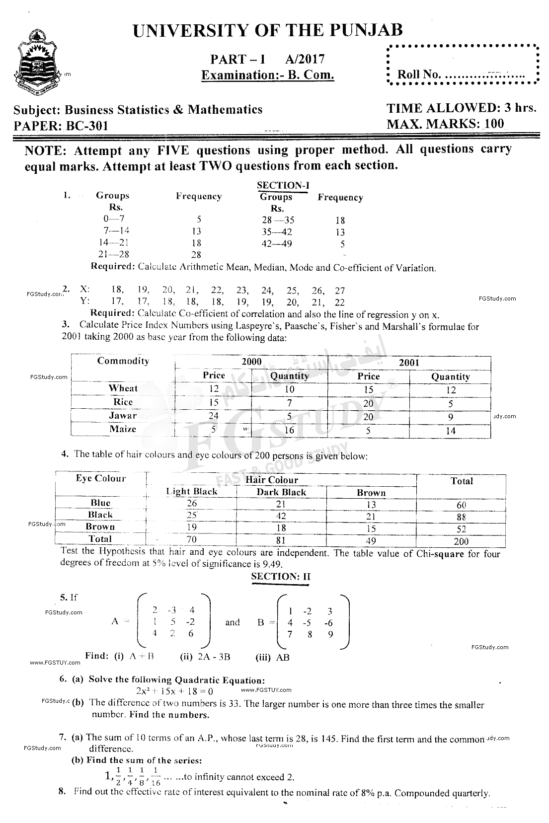 B Com Part 1 Business Mathematics And Statistics Past Paper 2017 Punjab University