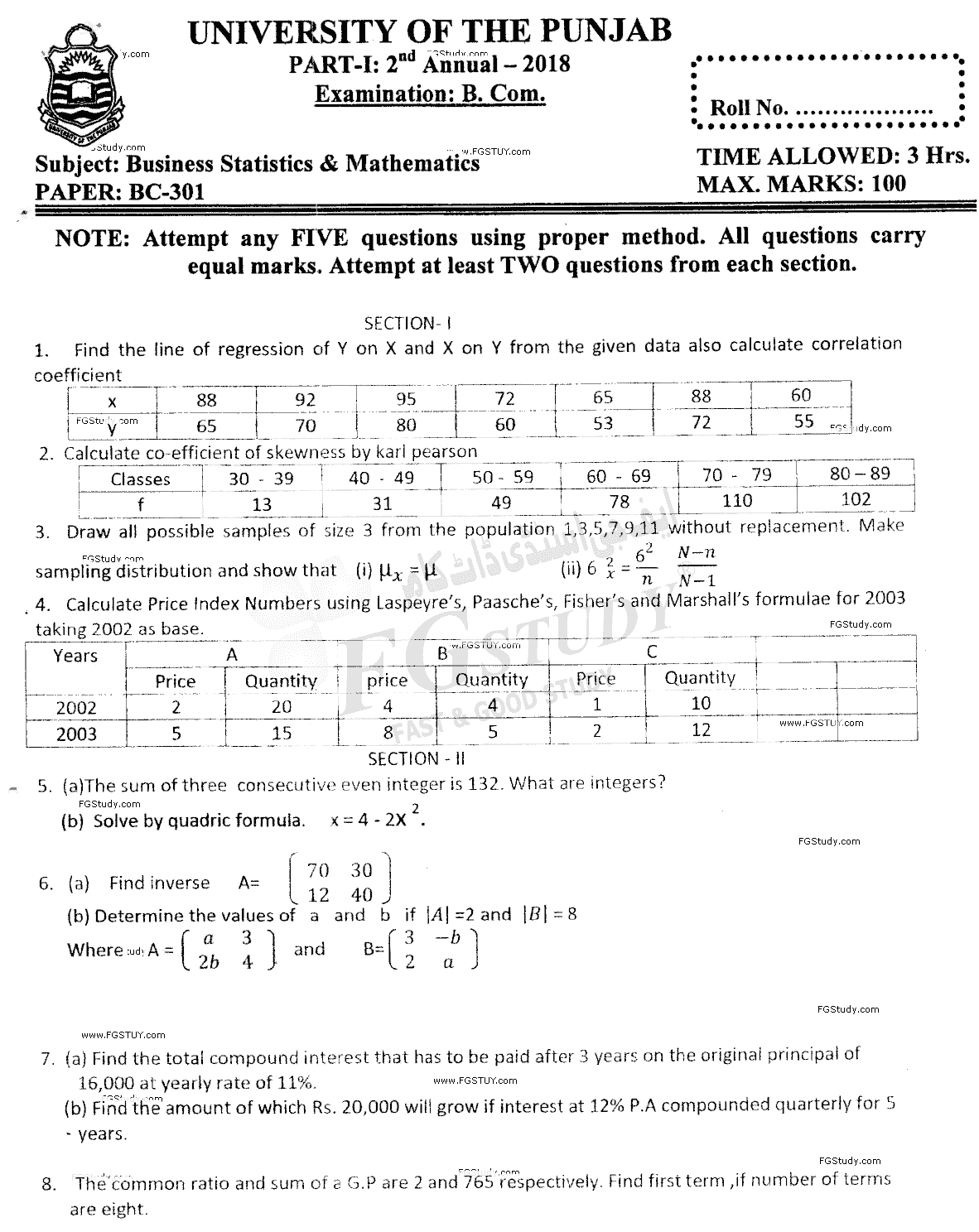 B Com Part 1 Business Mathematics And Statistics Past Paper 2018 Punjab University