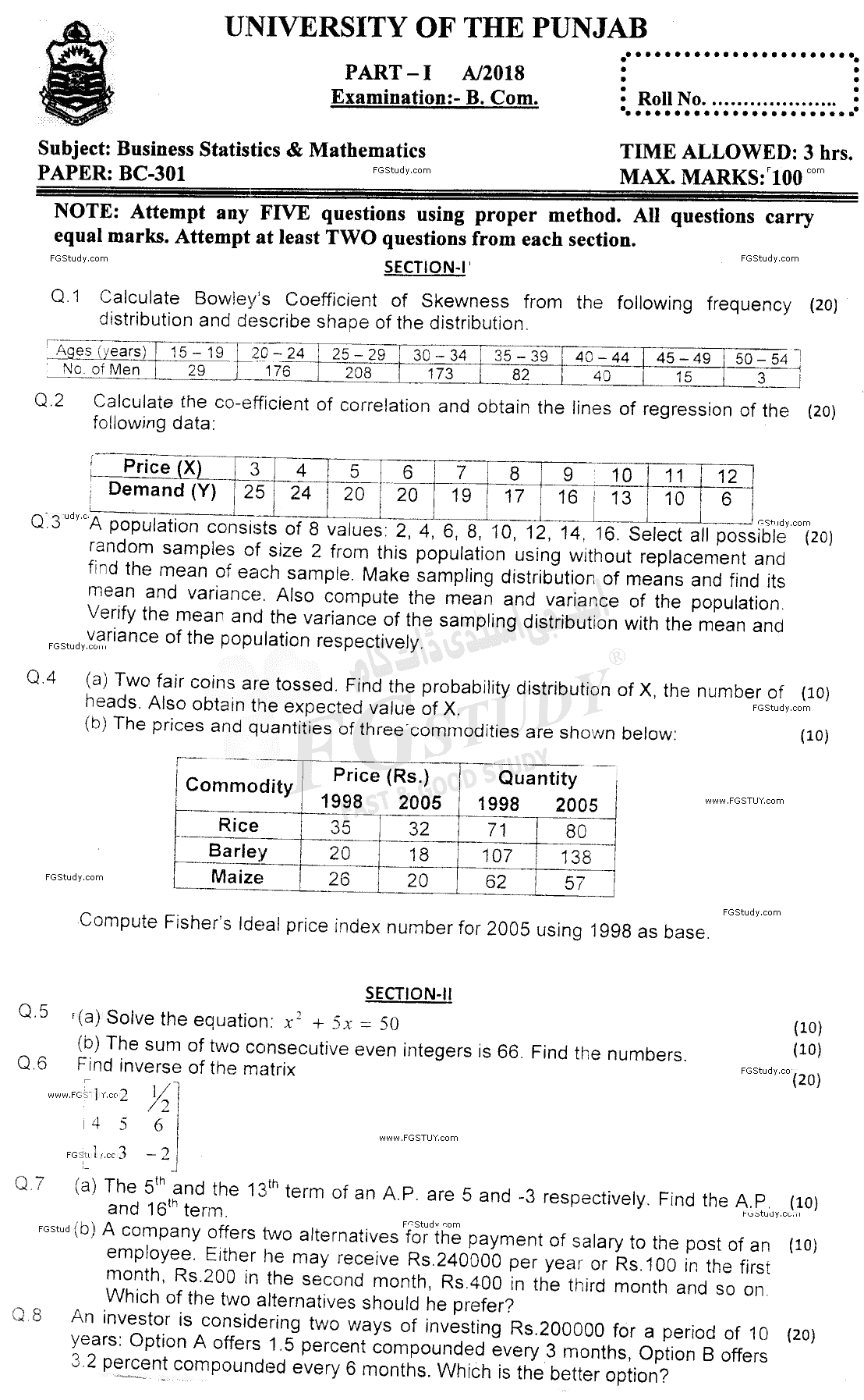 B Com Part 1 Business Mathematics And Statistics Past Paper 2018 Punjab University