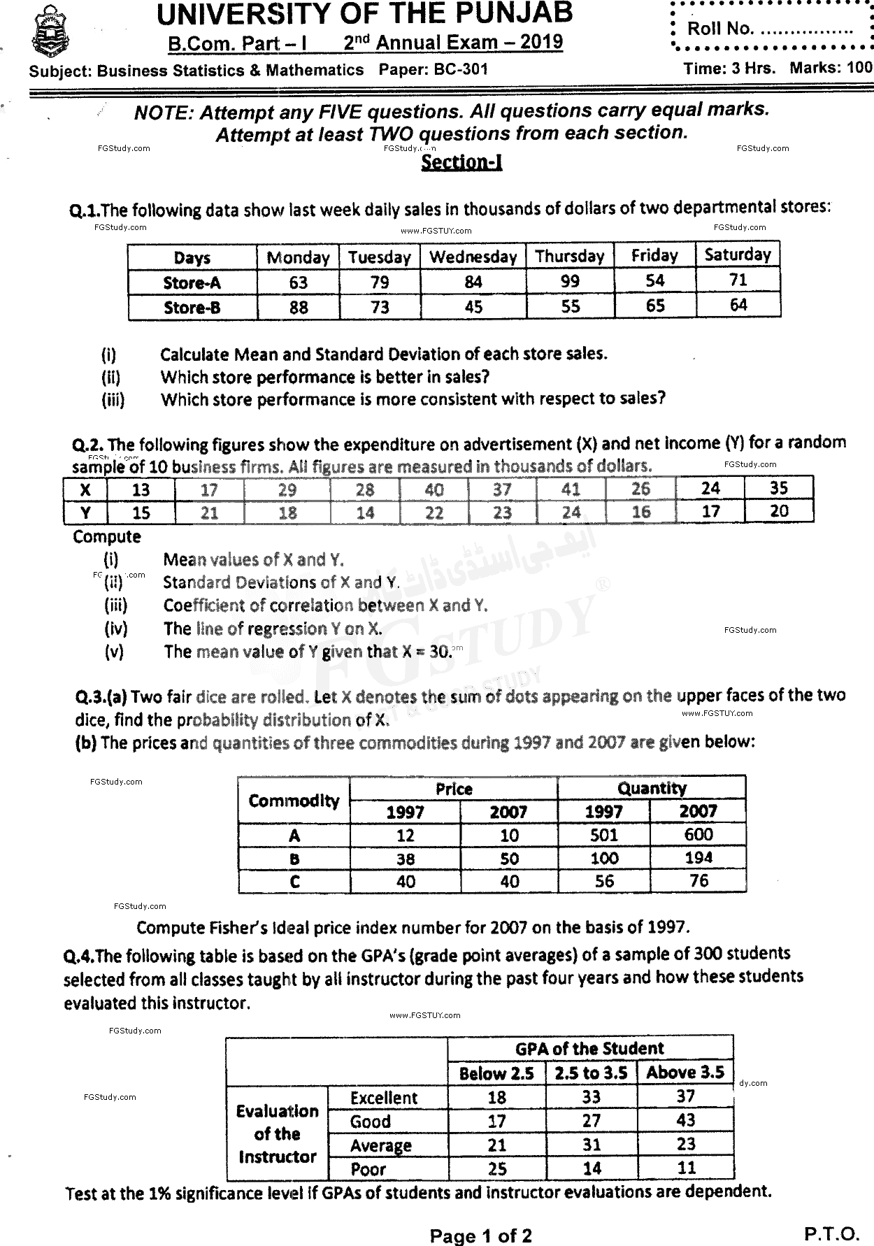 B Com Part 1 Business Mathematics And Statistics Past Paper 2019 Punjab University