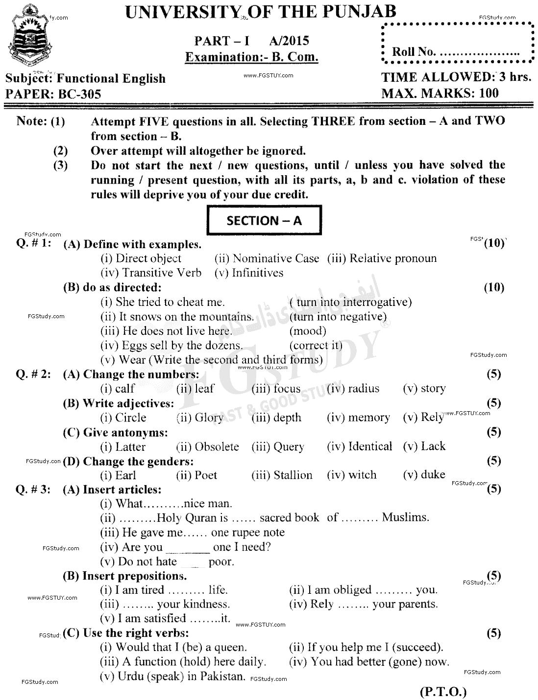 B Com Part 1 Functional English Past Paper 2015 Punjab University Objective