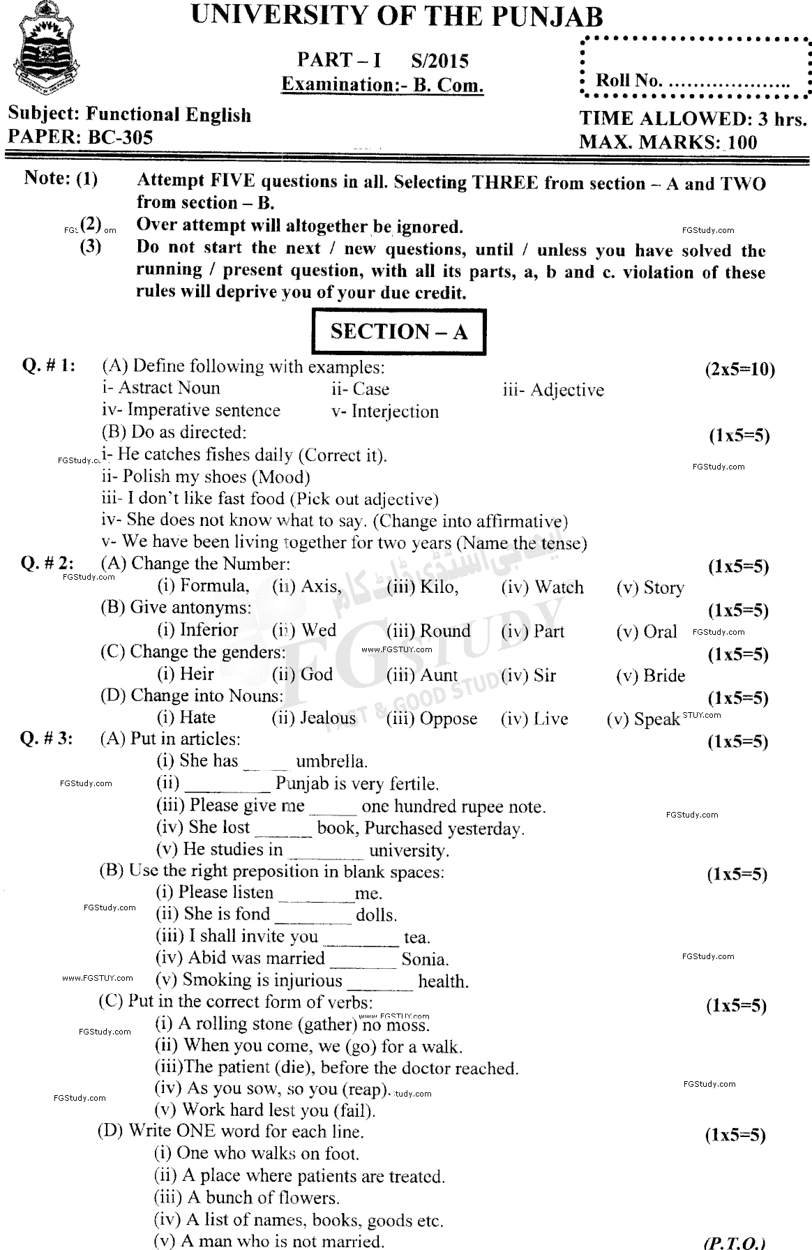B Com Part 1 Functional English Past Paper 2015 Punjab University Objective