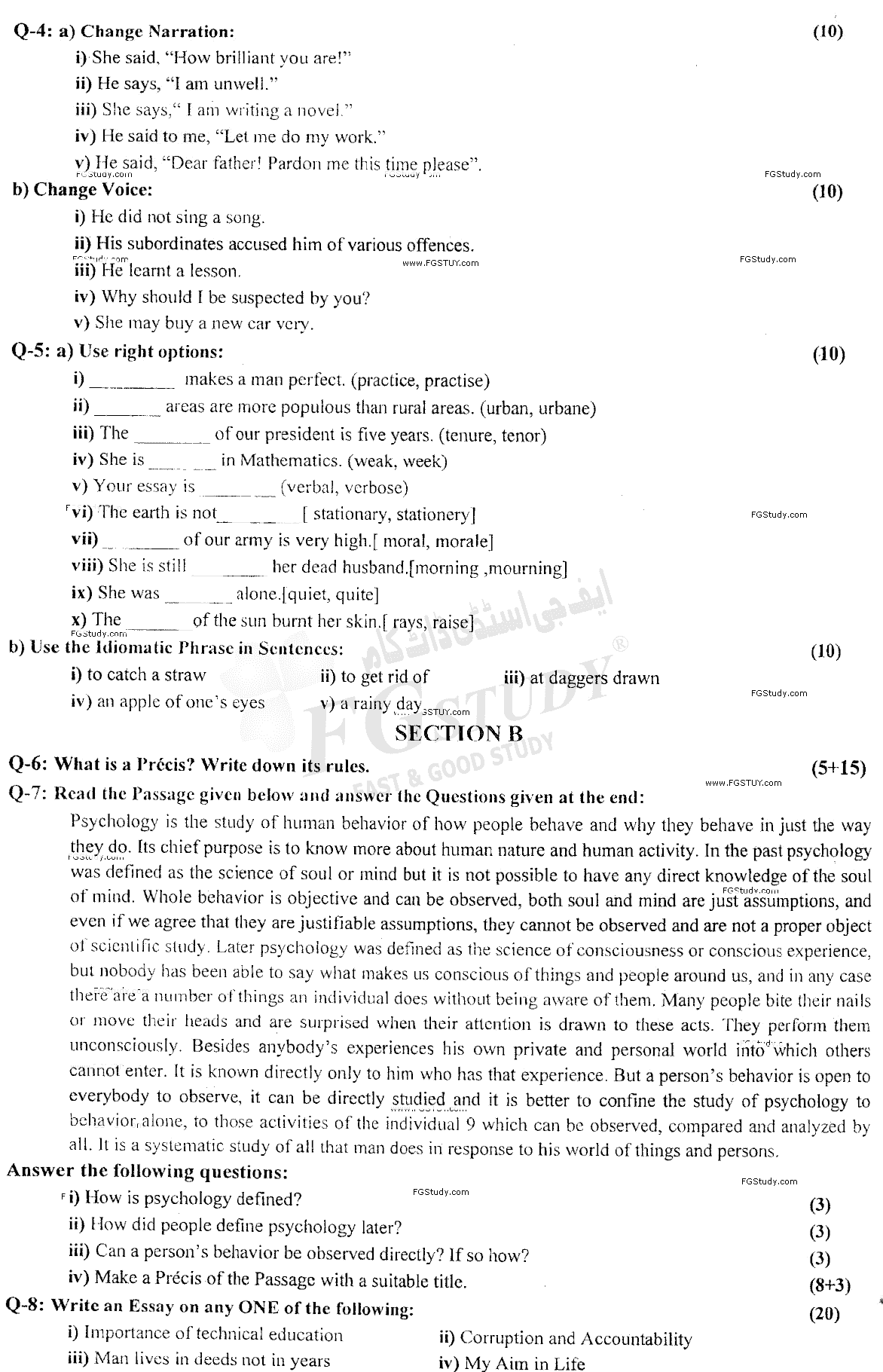 B Com Part 1 Functional English Past Paper 2018 Punjab University Objective