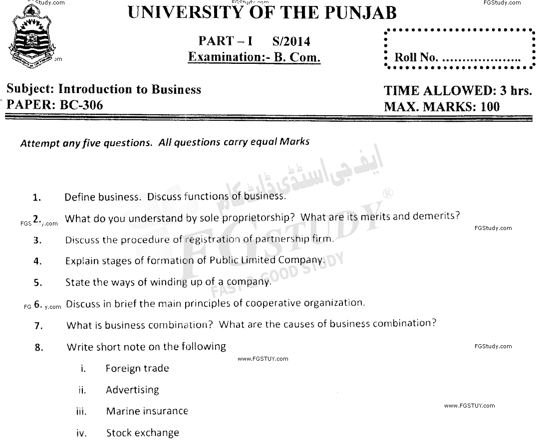 B Com Part 1 Introduction To Business Past Paper 2014 Punjab University