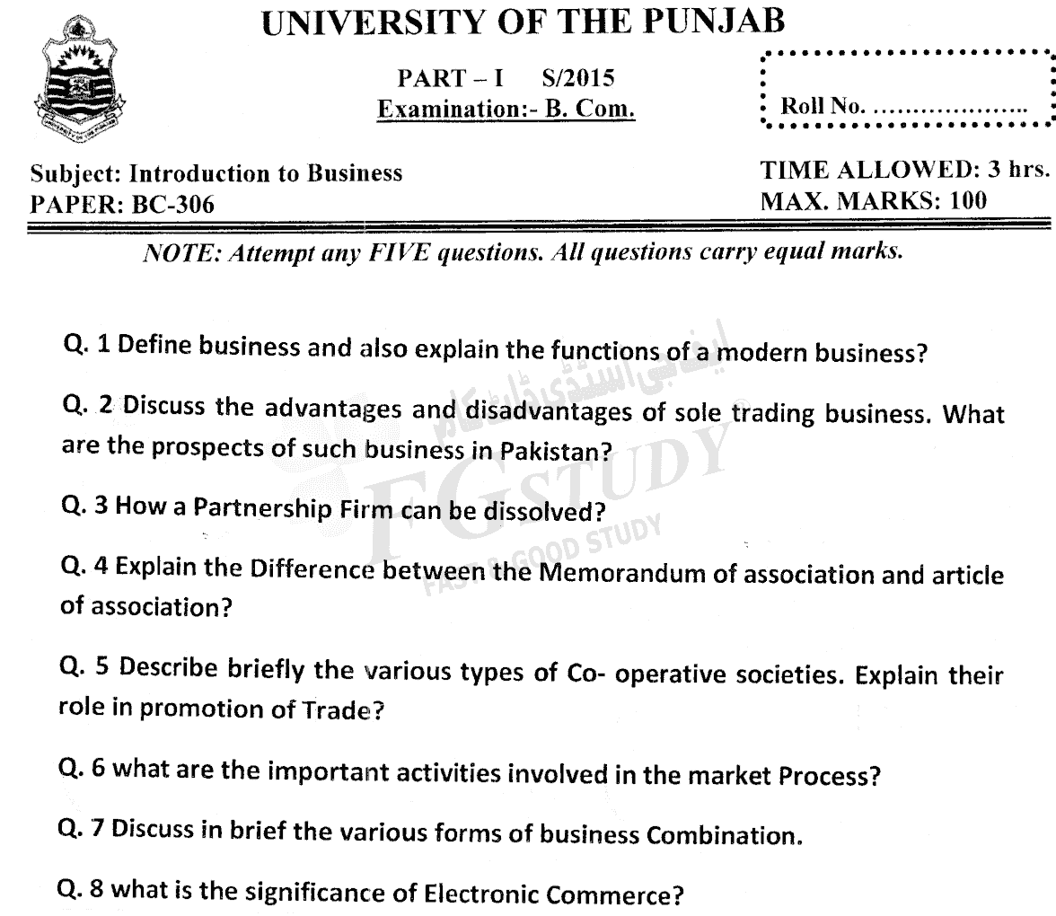 B Com Part 1 Introduction To Business Past Paper 2015 Punjab University