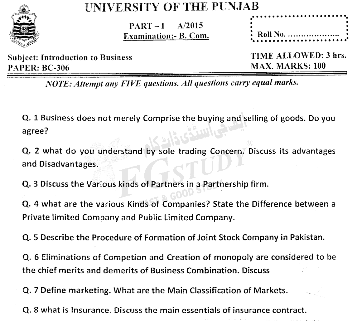 B Com Part 1 Introduction To Business Past Paper 2015 Punjab University