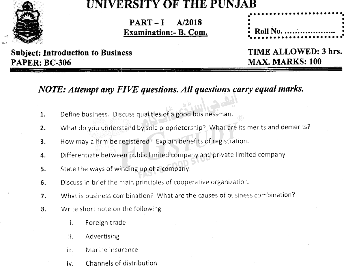 B Com Part 1 Introduction To Business Past Paper 2018 Punjab University