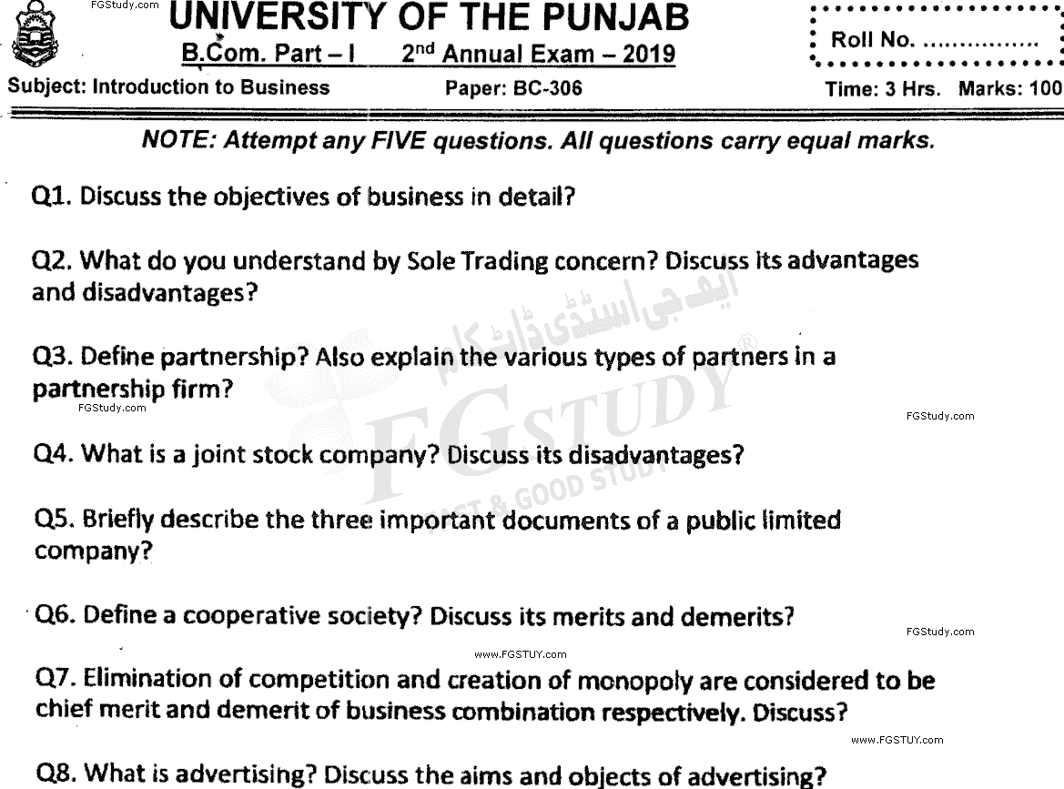 B Com Part 1 Introduction To Business Past Paper 2019 Punjab University