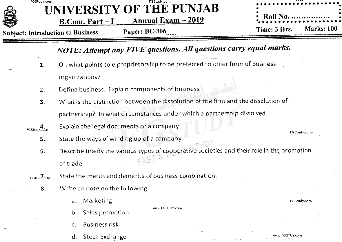 B Com Part 1 Introduction To Business Past Paper 2019 Punjab University