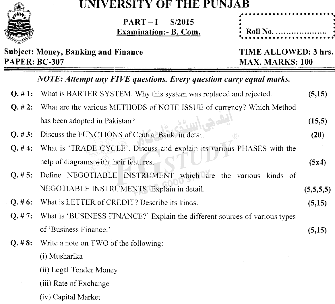 B Com Part 1 Money Banking And Finance Past Paper 2015 Punjab University