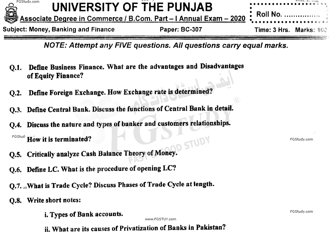 B Com Part 1 Money Banking And Finance Past Paper 2020 Punjab University