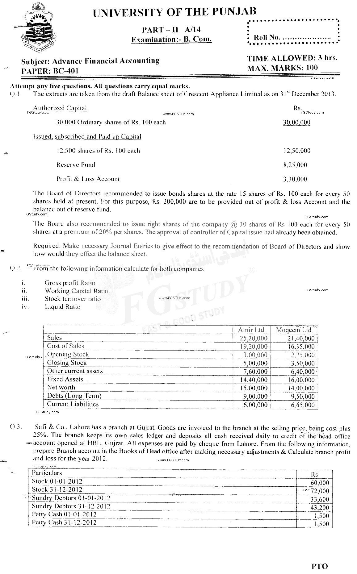 B Com Part 2 Advance Financial Accounting Past Paper 2014 Punjab University