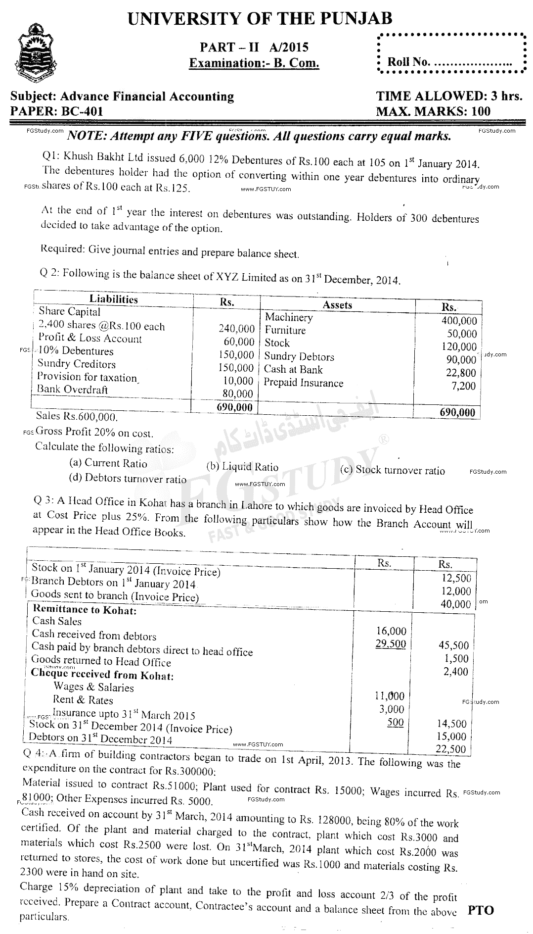 B Com Part 2 Advance Financial Accounting Past Paper 2015 Punjab University