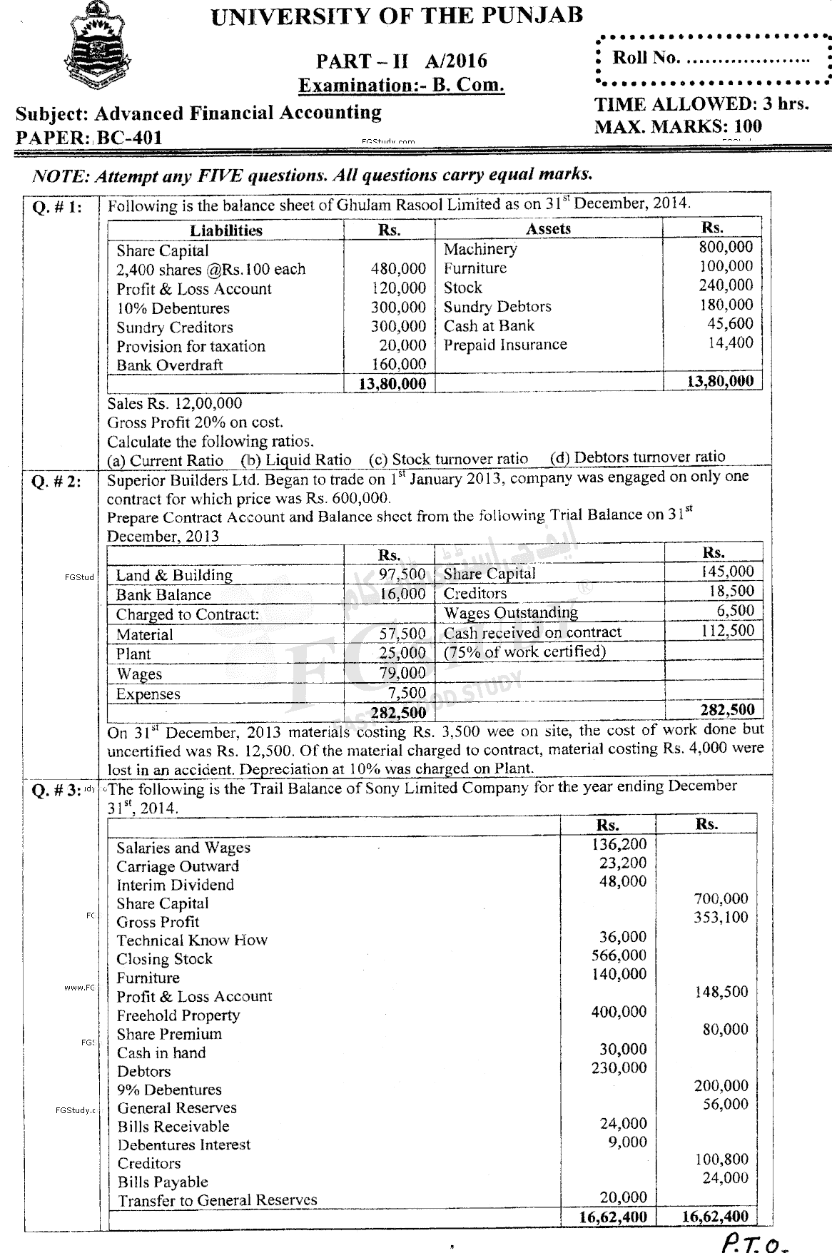 B Com Part 2 Advance Financial Accounting Past Paper 2016 Punjab University