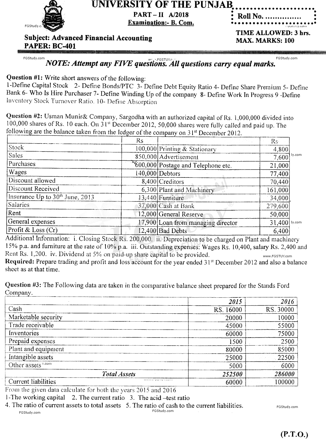 B Com Part 2 Advance Financial Accounting Past Paper 2018 Punjab University