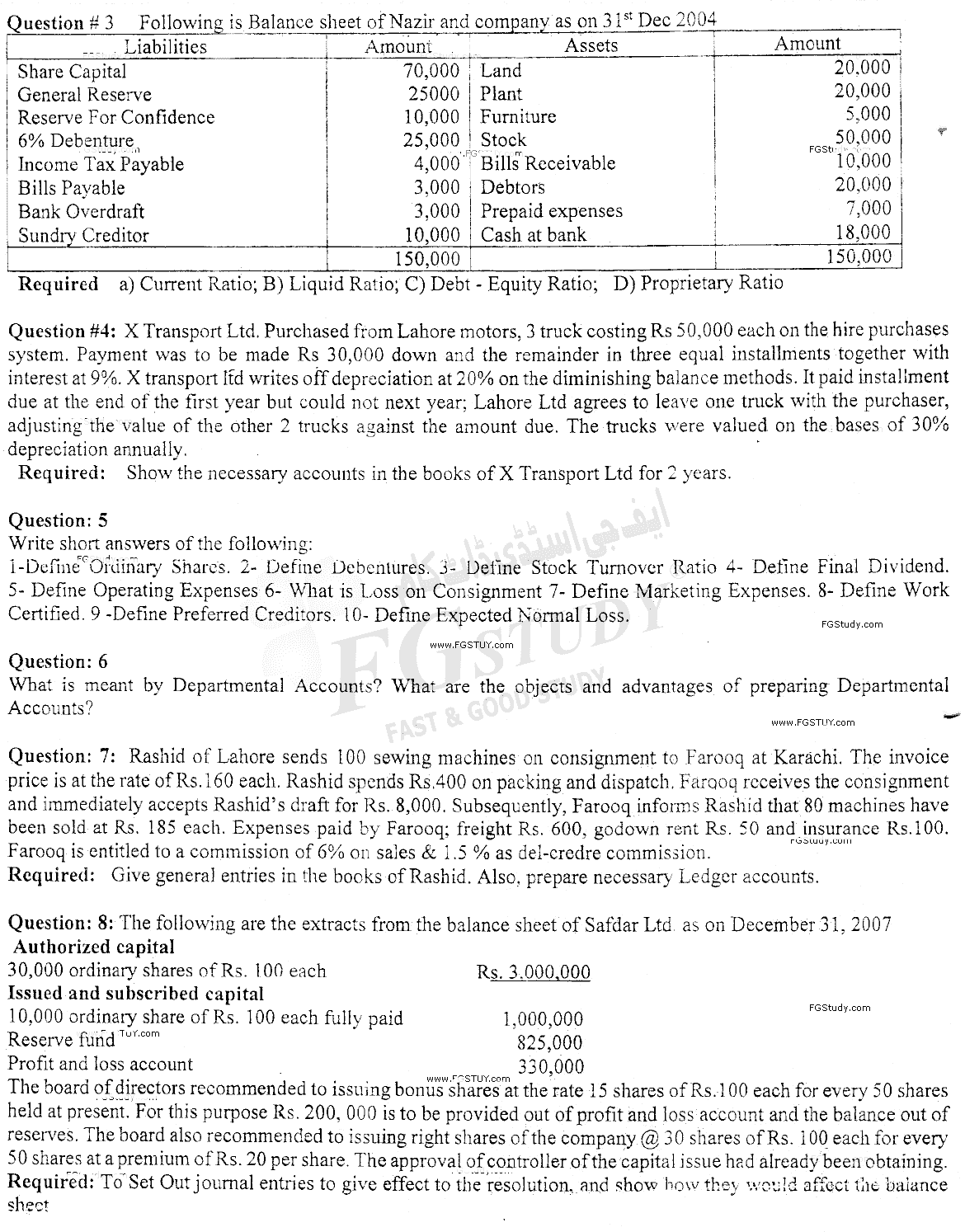 B Com Part 2 Advance Financial Accounting Past Paper 2018 Punjab University