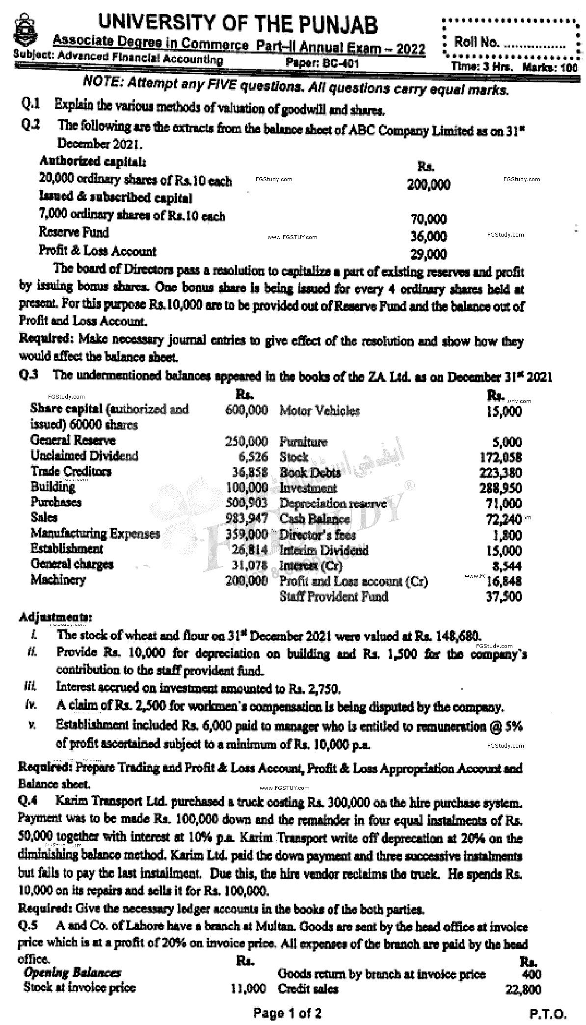 B Com Part 2 Advance Financial Accounting Past Paper 2022 Punjab University