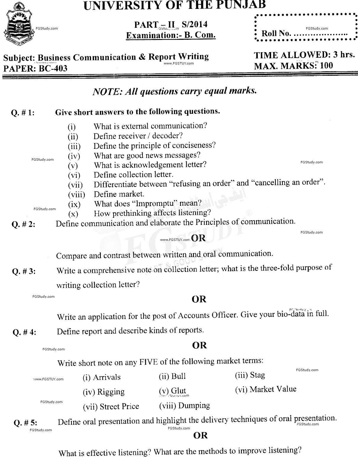 B Com Part 2 Business Communication And Report Writing Past Paper 2014 Punjab University