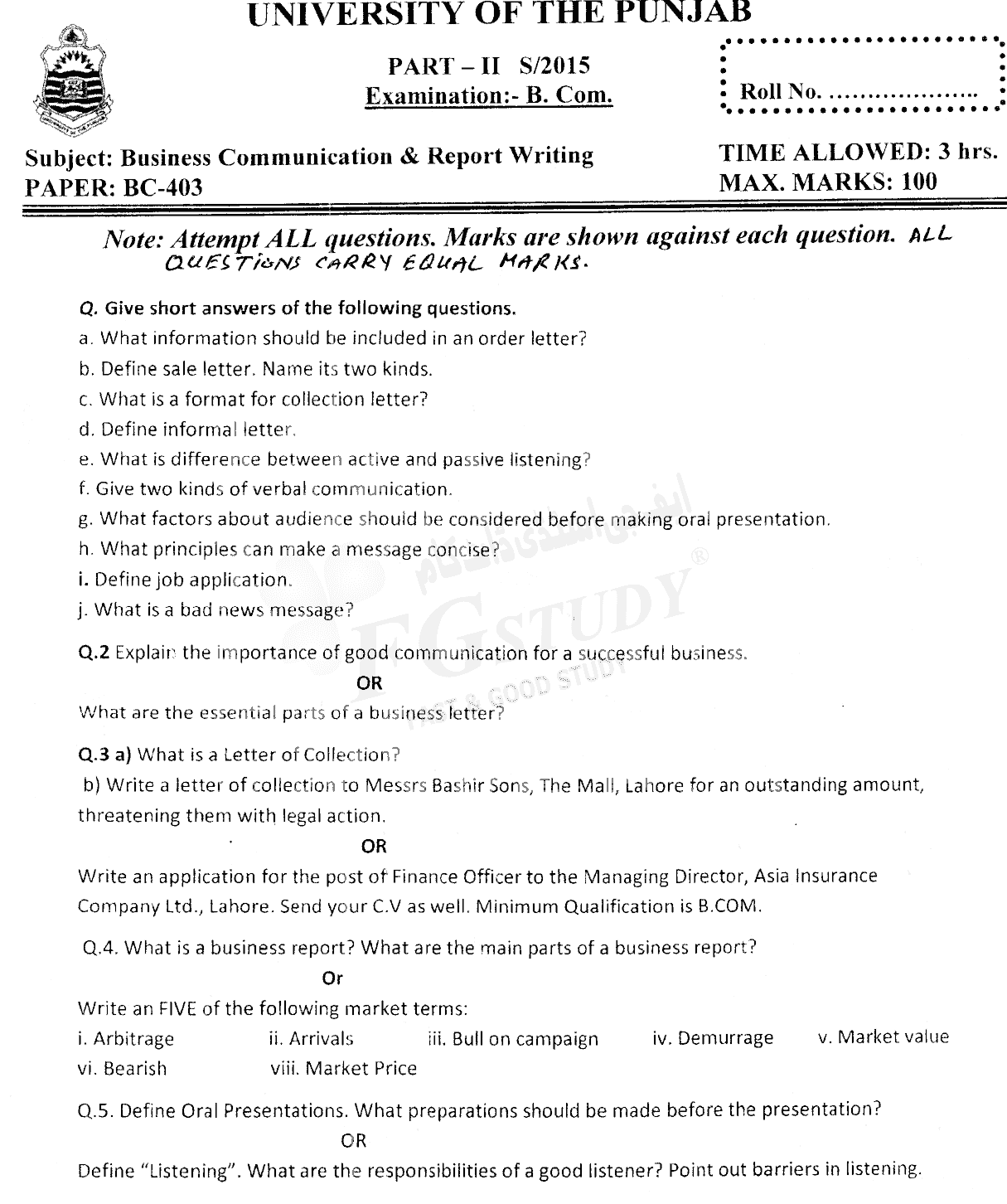 B Com Part 2 Business Communication And Report Writing Past Paper 2015 Punjab University