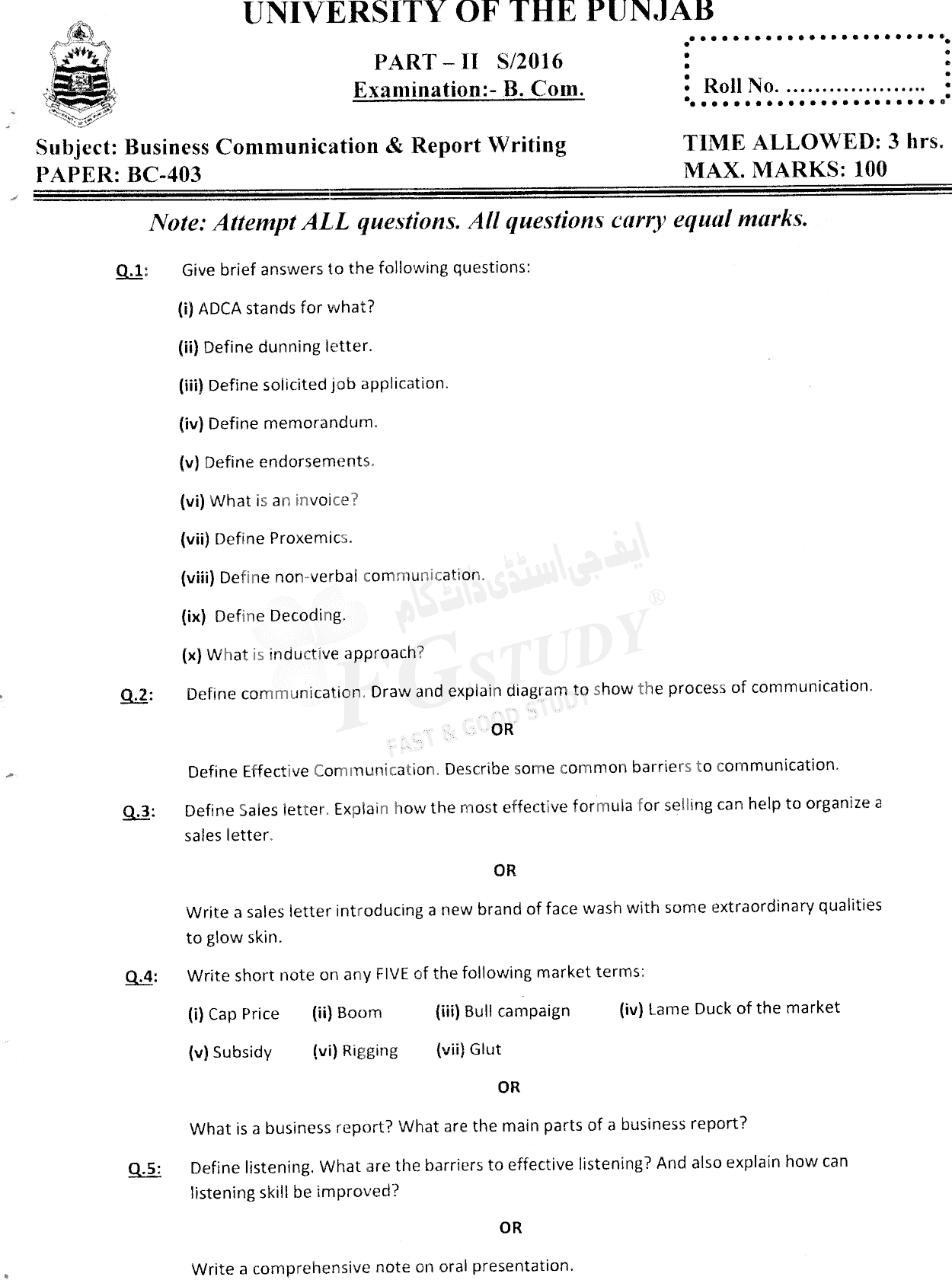 B Com Part 2 Business Communication And Report Writing Past Paper 2016 Punjab University