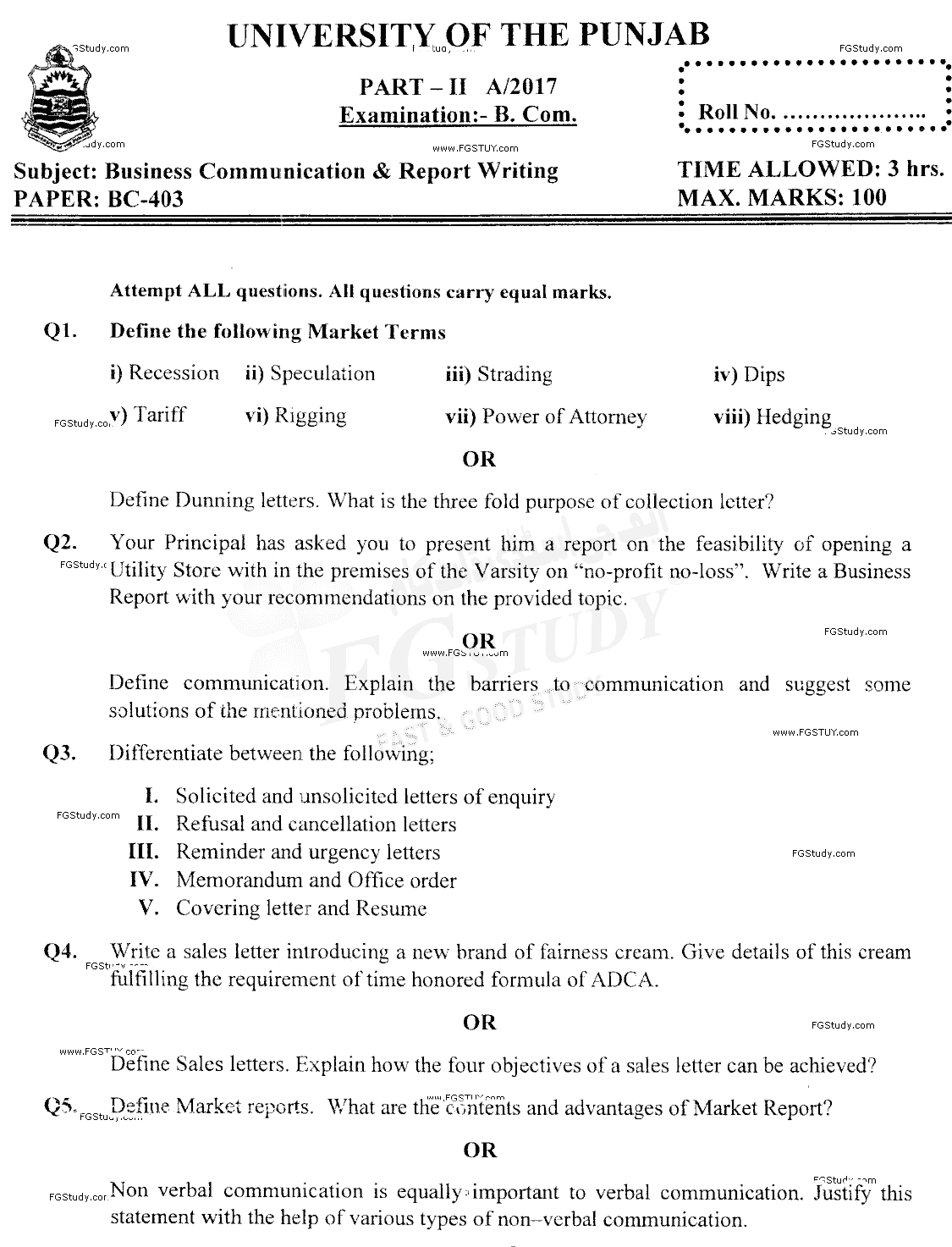 B Com Part 2 Business Communication And Report Writing Past Paper 2017 Punjab University