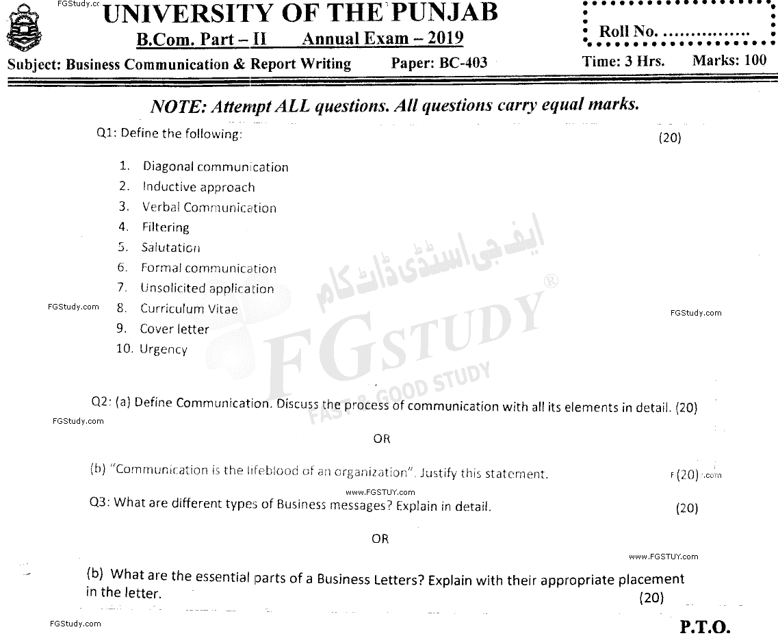 B Com Part 2 Business Communication And Report Writing Past Paper 2019 Punjab University