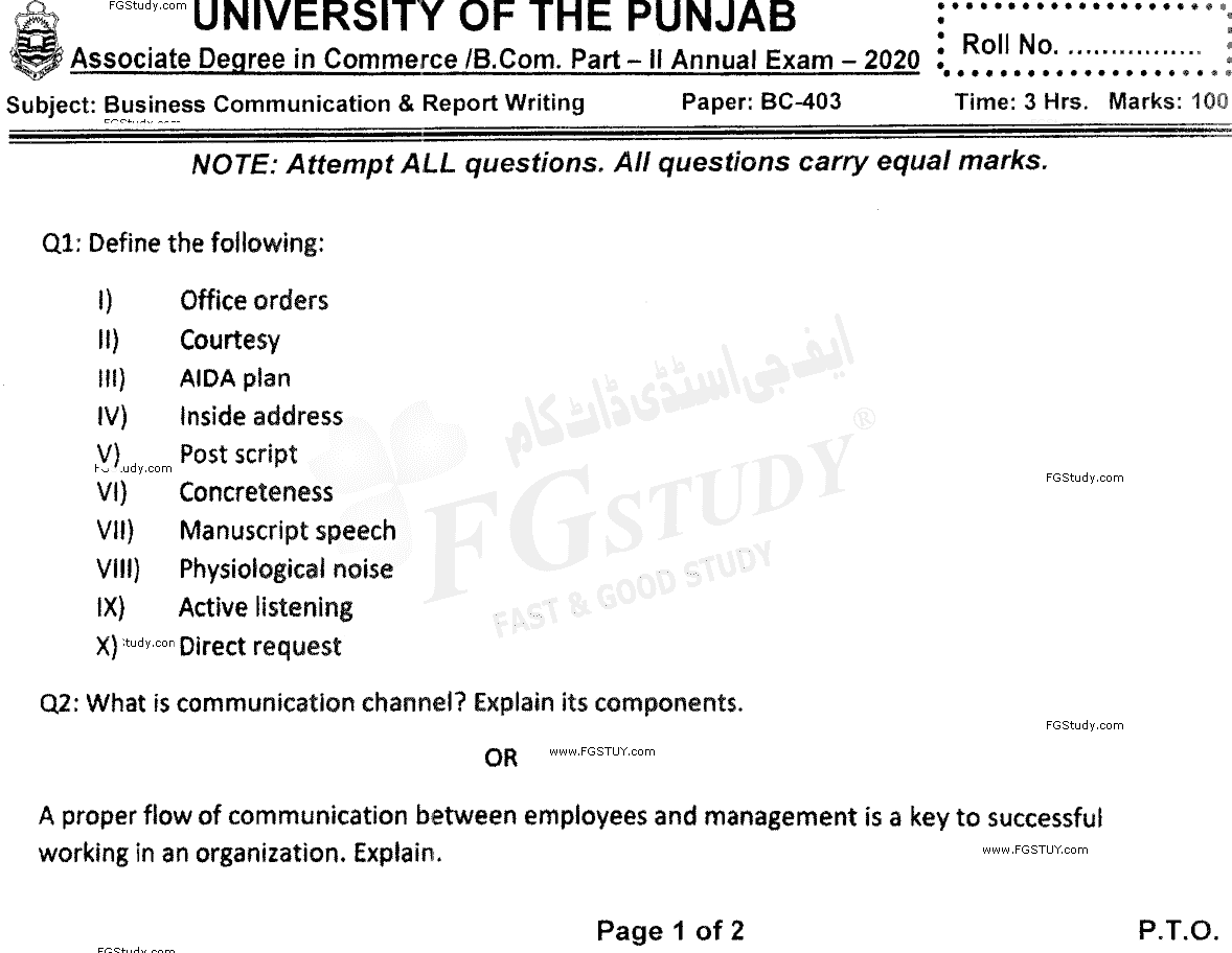 B Com Part 2 Business Communication And Report Writing Past Paper 2020 Punjab University