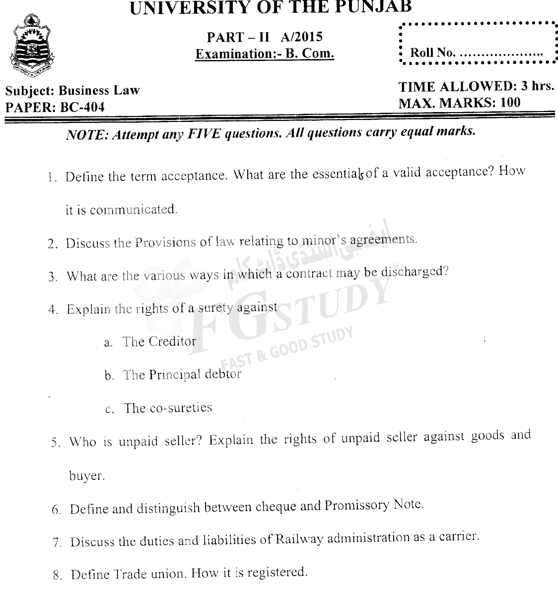 B Com Part 2 Business Law Past Paper 2015 Punjab University