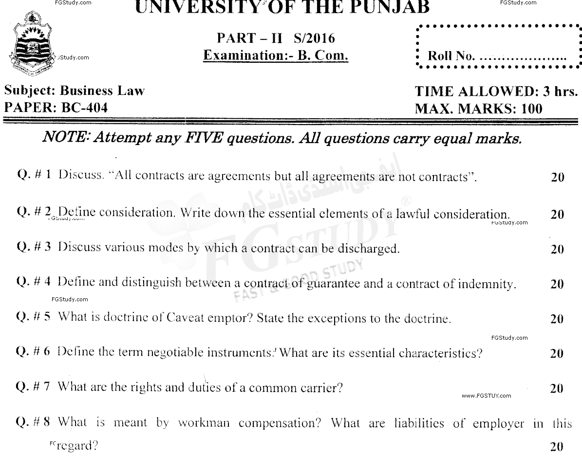 B Com Part 2 Business Law Past Paper 2016 Punjab University