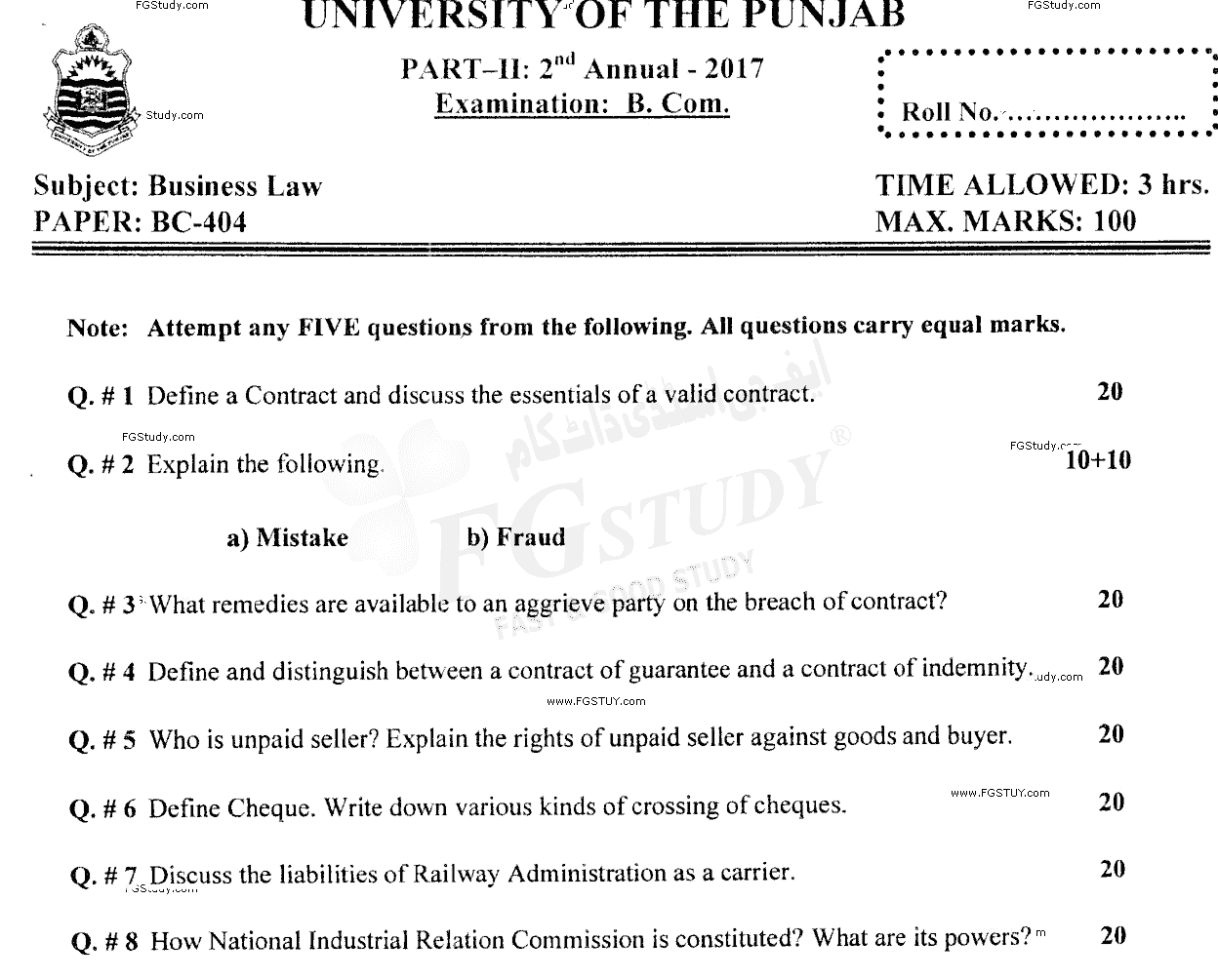 B Com Part 2 Business Law Past Paper 2017 Punjab University