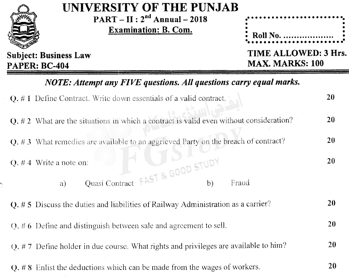 B Com Part 2 Business Law Past Paper 2018 Punjab University
