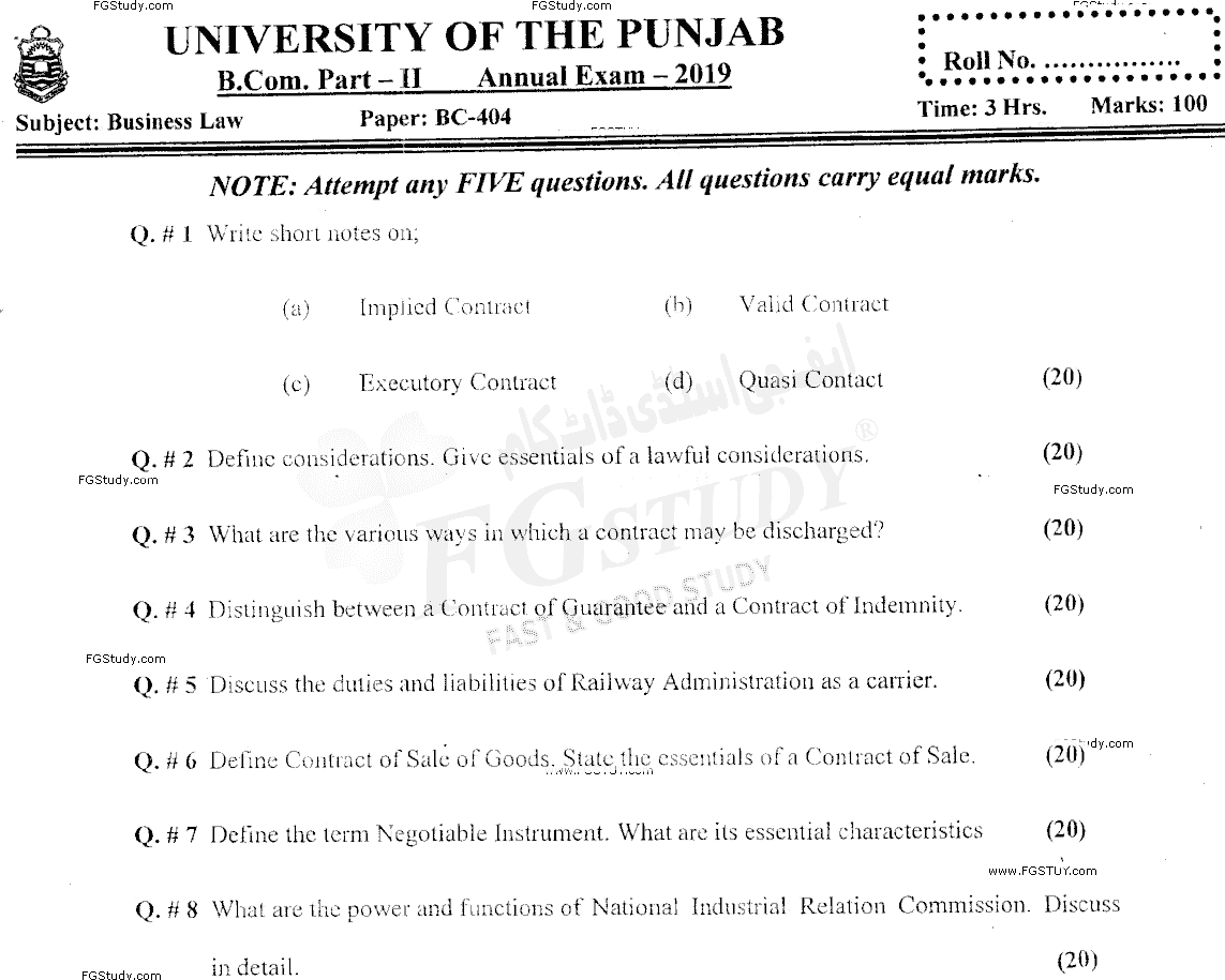 B Com Part 2 Business Law Past Paper 2019 Punjab University