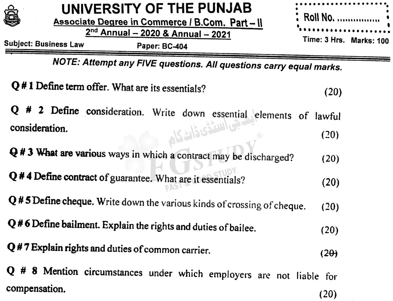 B Com Part 2 Business Law Past Paper 2021 Punjab University
