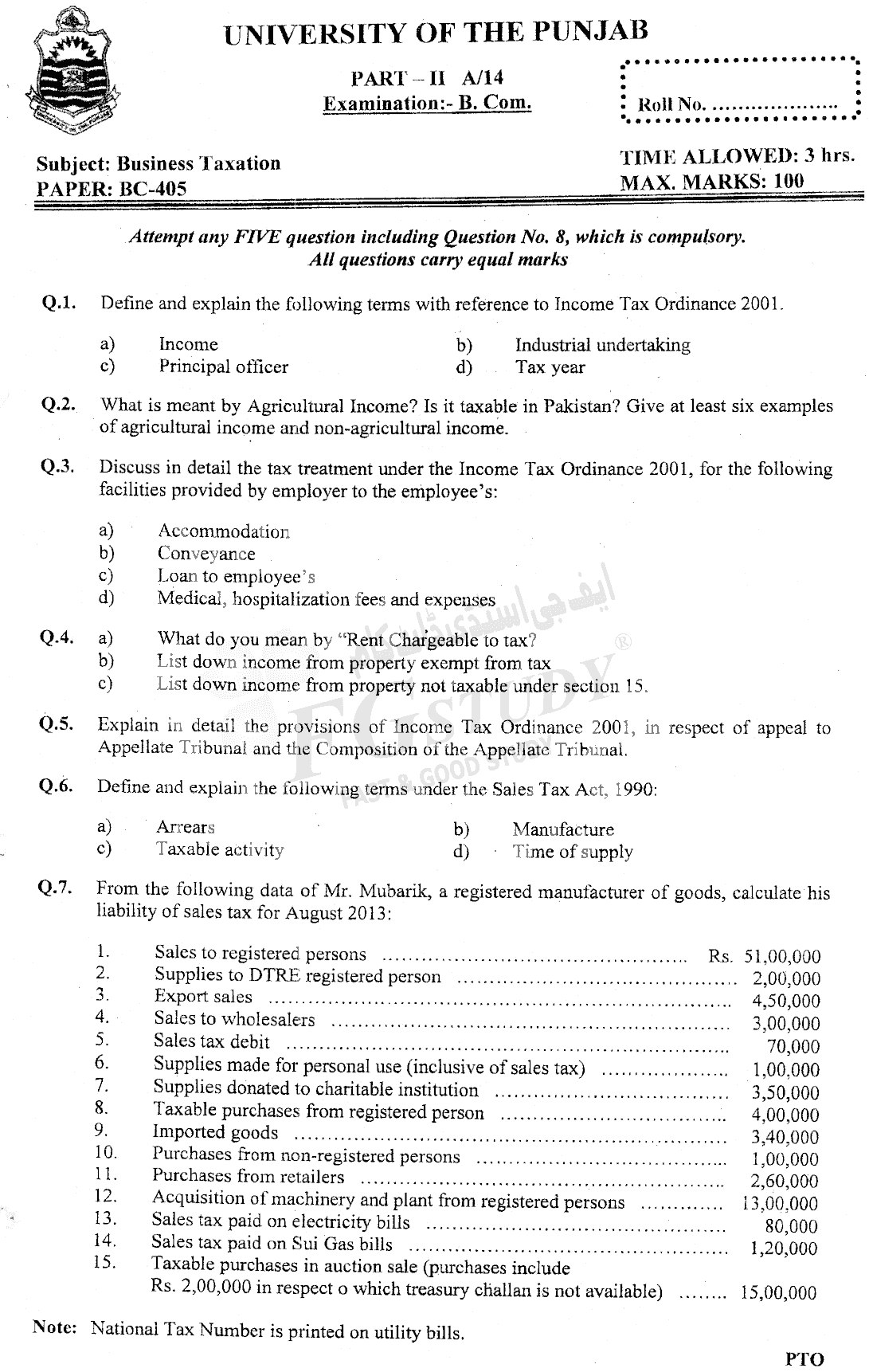 B Com Part 2 Business Taxation Past Paper 2014 Punjab University