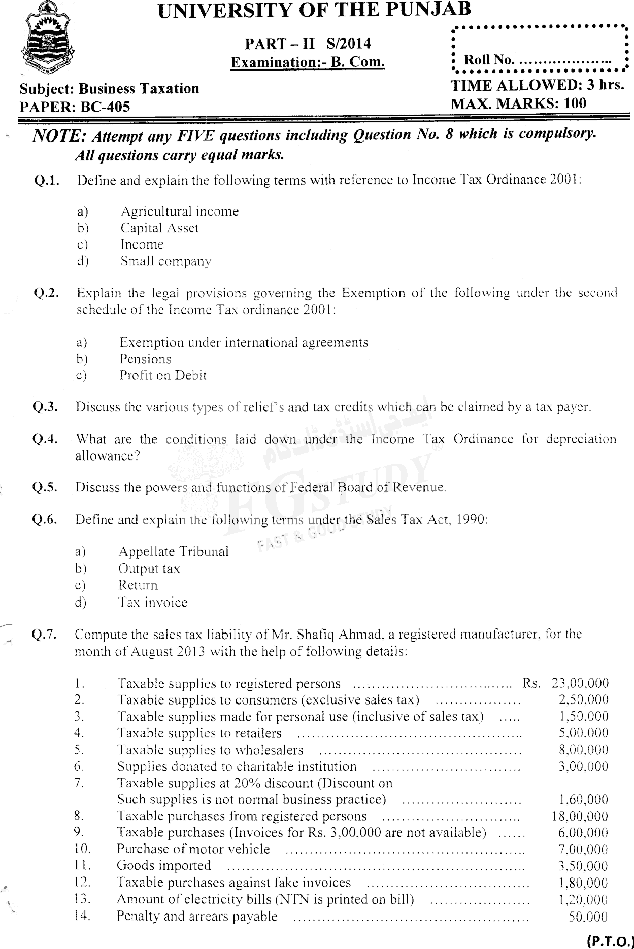 B Com Part 2 Business Taxation Past Paper 2014 Punjab University