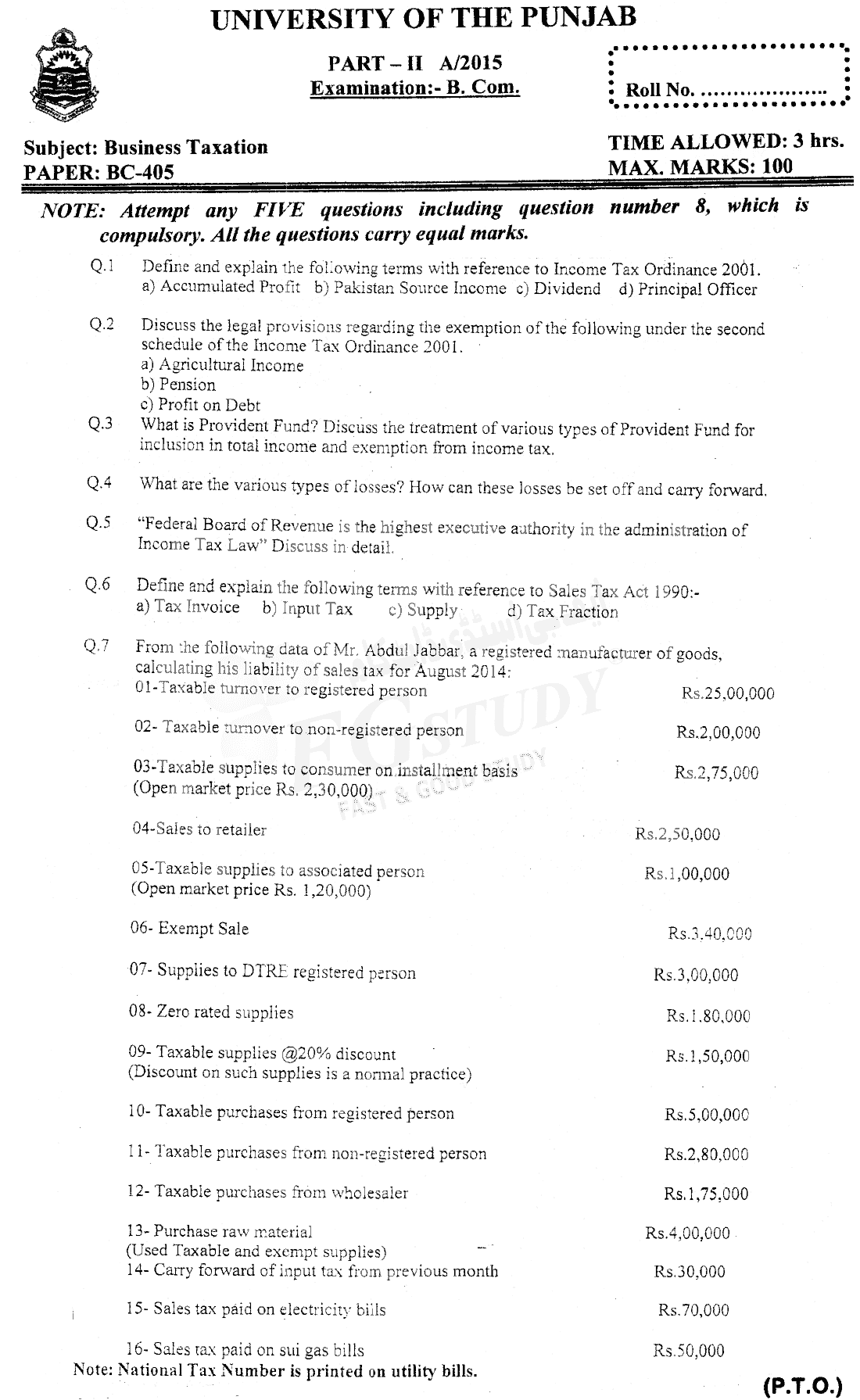 B Com Part 2 Business Taxation Past Paper 2015 Punjab University
