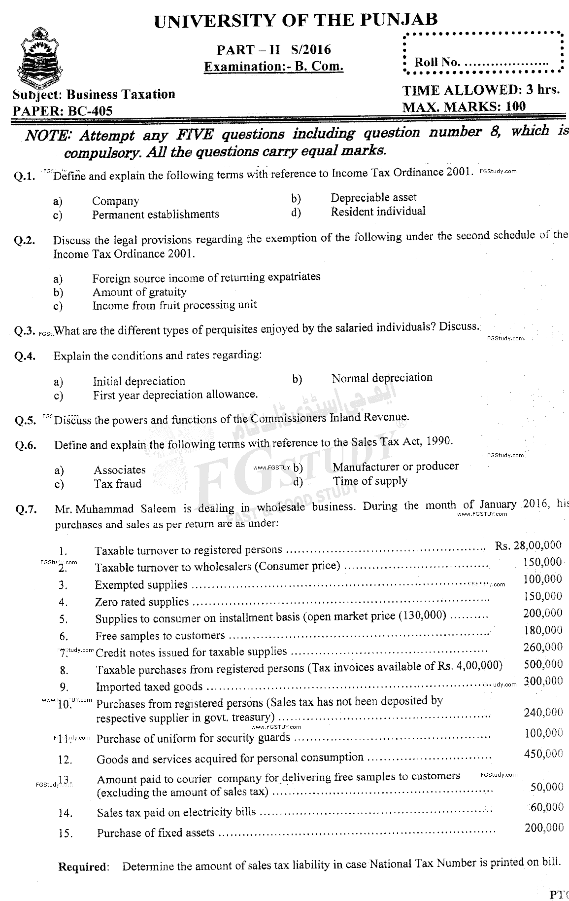 B Com Part 2 Business Taxation Past Paper 2016 Punjab University