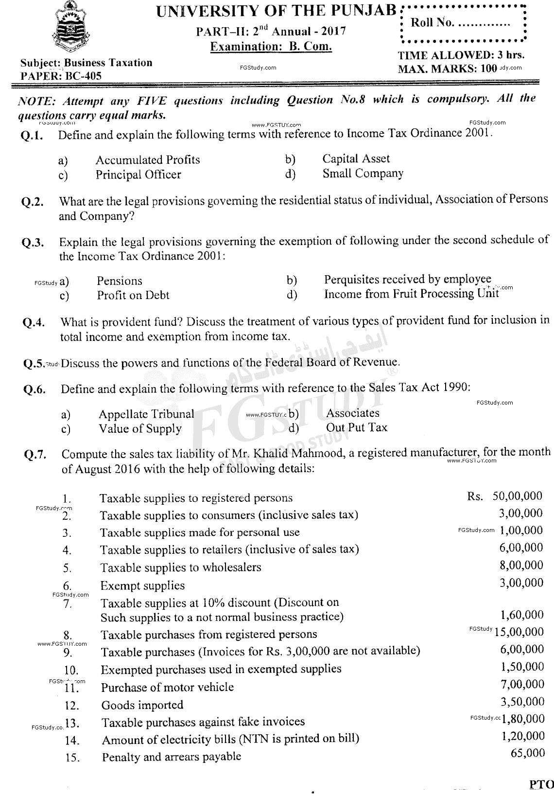 B Com Part 2 Business Taxation Past Paper 2017 Punjab University