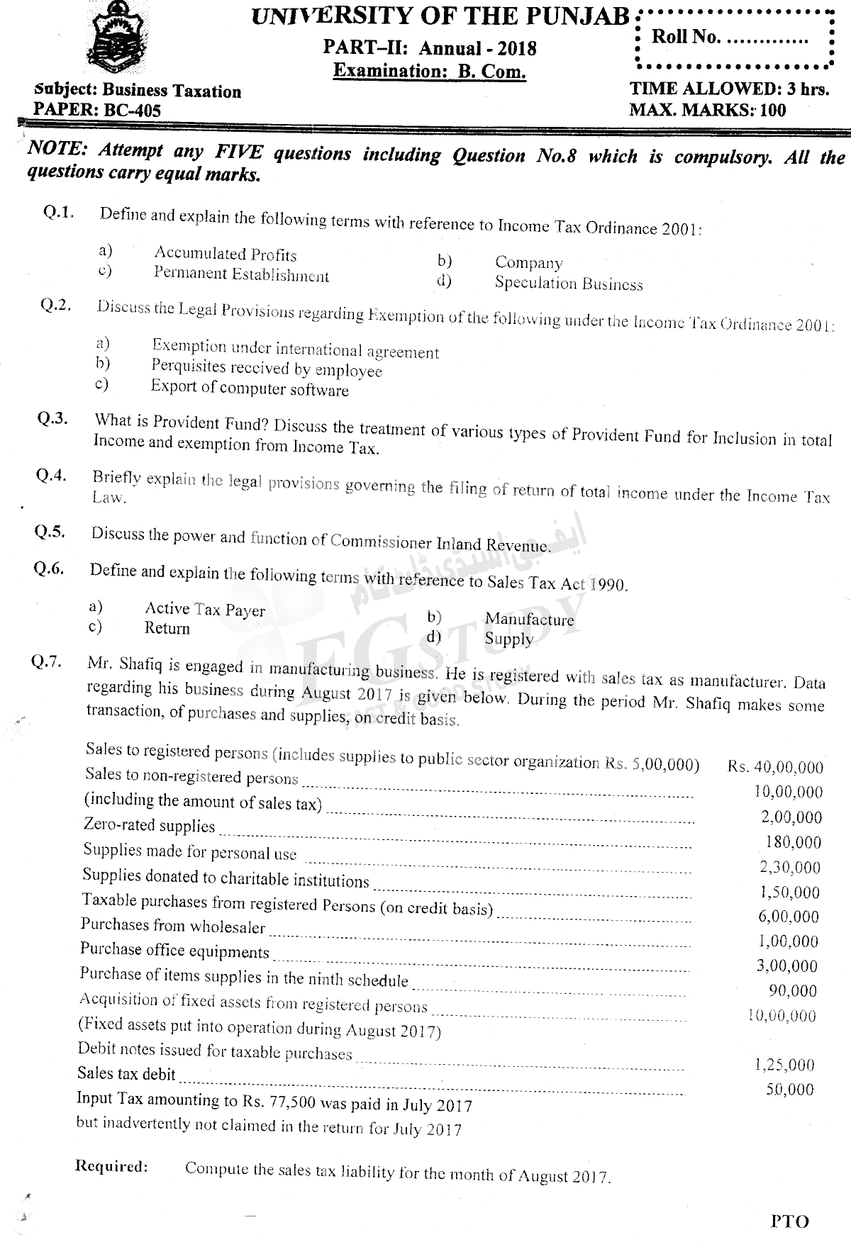B Com Part 2 Business Taxation Past Paper 2018 Punjab University