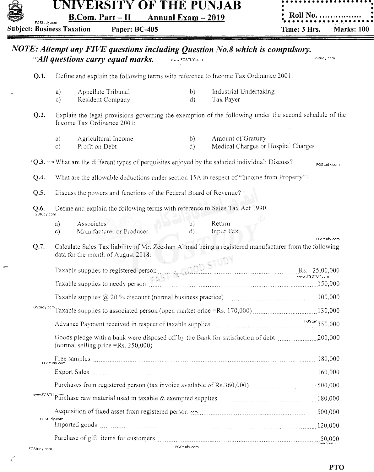 B Com Part 2 Business Taxation Past Paper 2019 Punjab University
